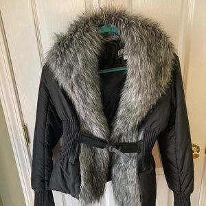Black bomber jacket with faux fur collar and front by waist